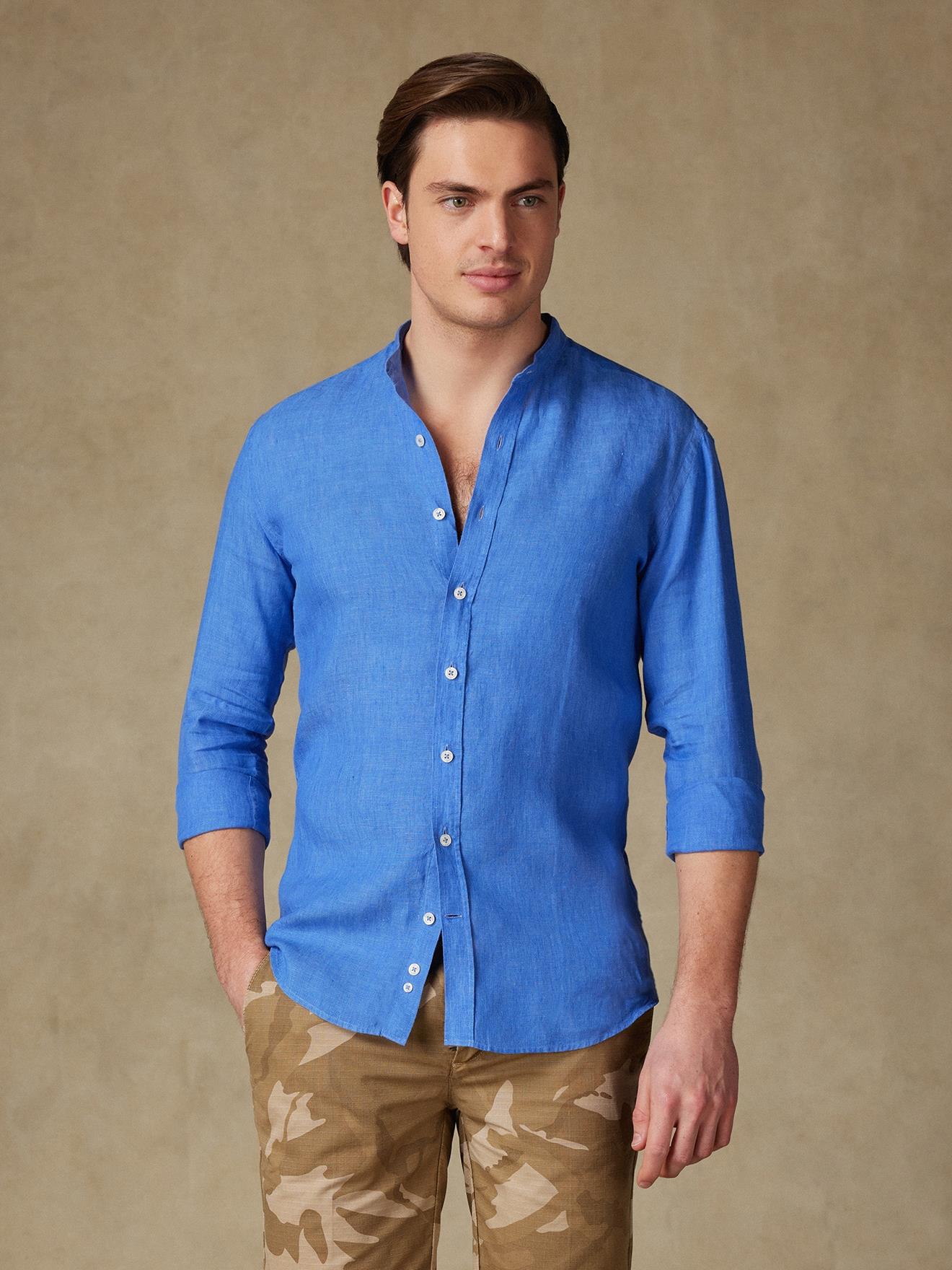 Chemise col mao Olaf en lin indigo