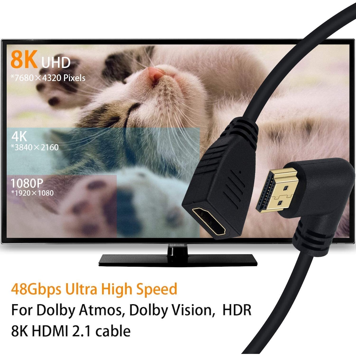 NÖRDIC vinklet HDMI-adapter 8K60Hz 4k120Hz 48Gbps hann til hunn HDMI2.1 18cm
