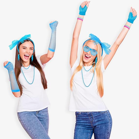 (19-tlg. Set) Fasnachts Erwachsenen Kostüm 80er Jahre Neon Verkleidung für Motto Partys inkl. Netzhandschuhe / Tüllrock / Stulpen / Brille - Blau