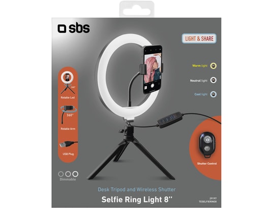 SBS - Perche à selfie avec anneau lumineux de  20cm sur trépied
