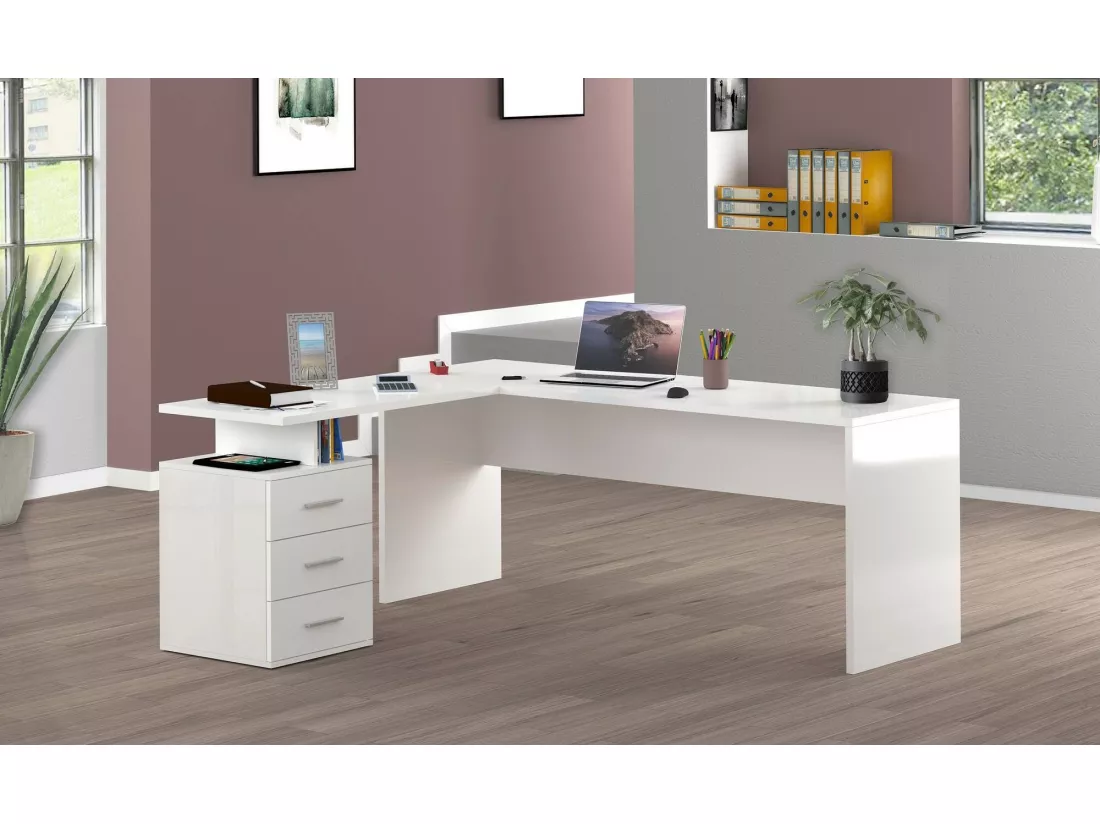 Bureau Dguarin, Bureau d'angle PC, Table de bureau polyvalente, Bureau gain de place multi-positions, 100% Made in Italy, 160x60h75 cm, Blanc brillant