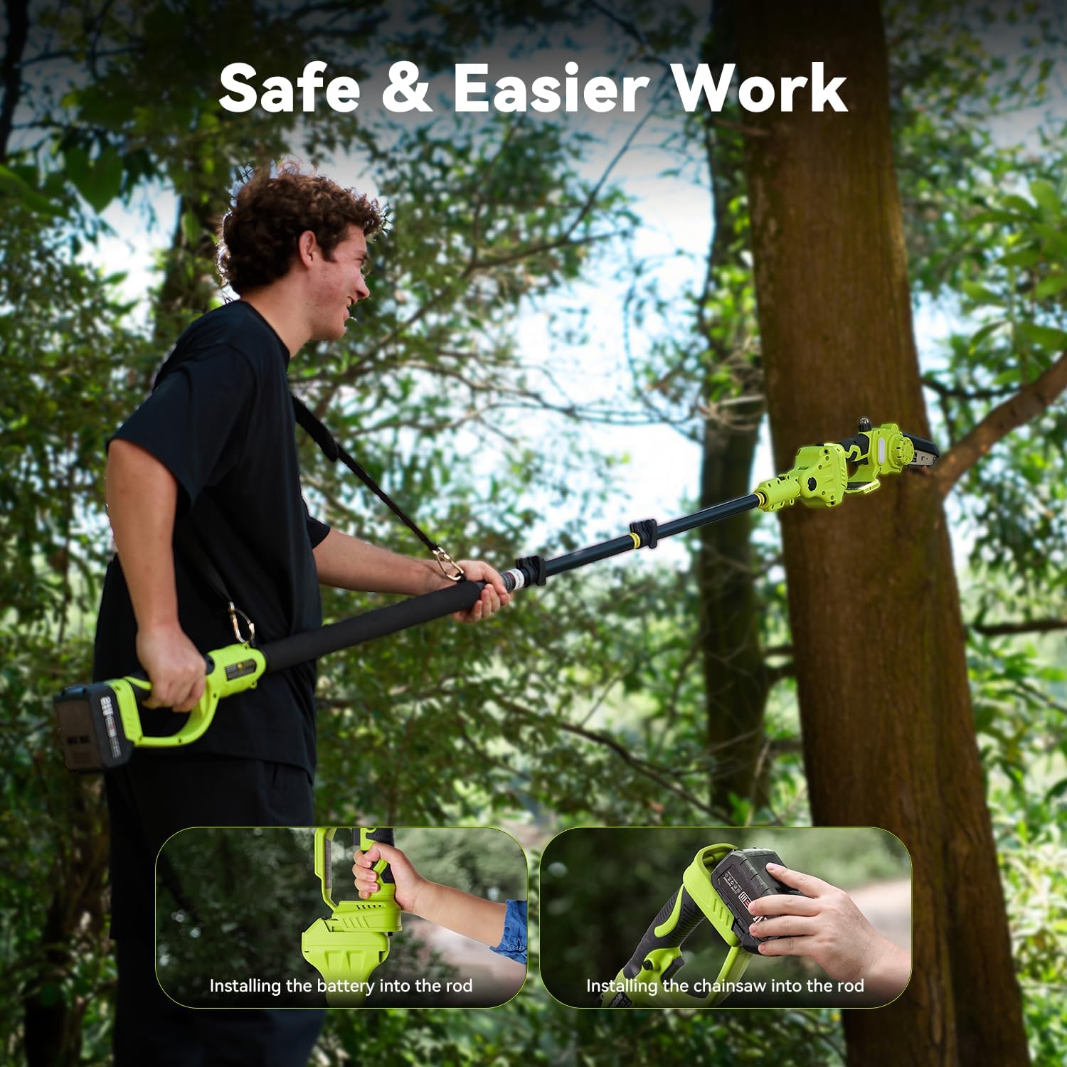 2-in-1 Akku Hochentaster & 8 Zoll Mini Kettensäge, Astsäge mit 4000 mAh Akku, Teleskopstange bis 4,8m, 800W Bürstenloser Motor – Für Baum- und Gartenpflege