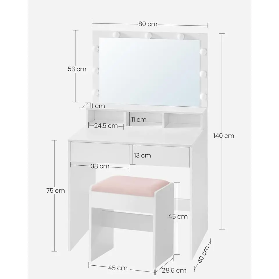 Bobbel Home - Witte Kaptafel - Rechthoekige spiegel - Gloeilampen