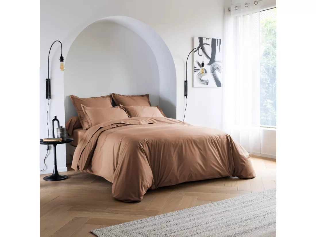 Parure de lit coton percale Marron 140x200 - SOMEO - MORPHEE