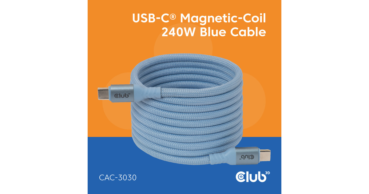 Club 3DUSB-C Magnetic-Coil 240W PD3.1 Blue Cable, 2 meter kabel  (Blauw)