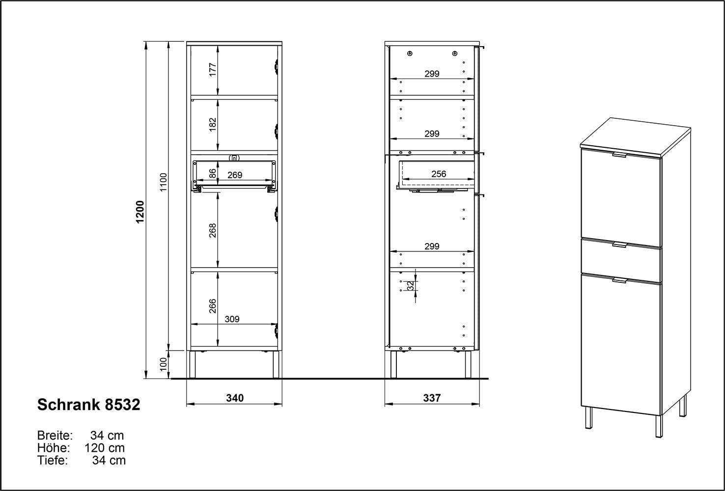 Germania Schrank 8532-84 GW-MAURESA, in weiß, Fronten in Hochglanz, zwei Schubkästen B/H/T 34/120/34 cm