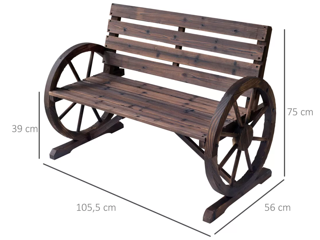 Banc de jardin 3 places style rustique chic accoudoirs roues charette bois sapin traité carbonisation