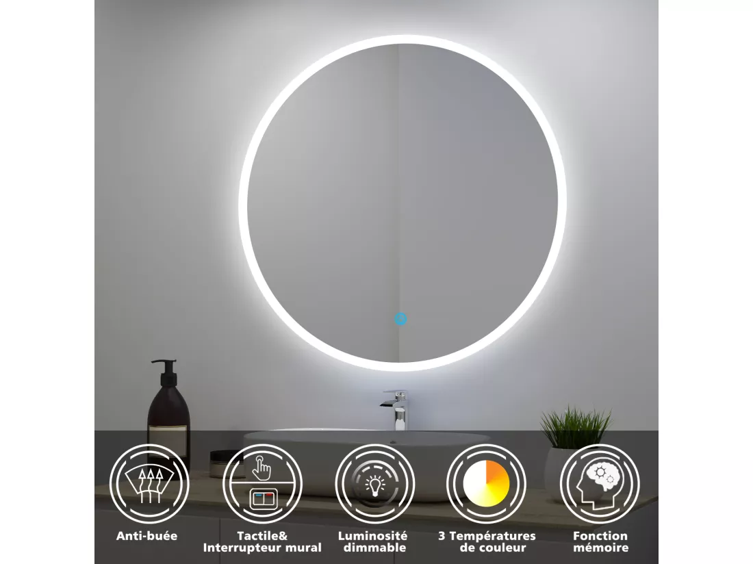 Miroir lumineux rond 60cm avec 3 Couleurs + Dimmable + Anti-buée, Mural Miroir salle de bain
