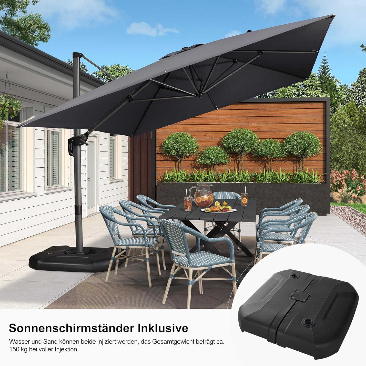 PURPLE LEAF Sonnenschirm groß mit Schirmständer, Aluminium Ampelschirm 400 x 300 cm, 360°Rotation, Terrassenschirm mit Kurbel, UV-beständig, Gartenschirm für Balkon & Terrasse, Grau