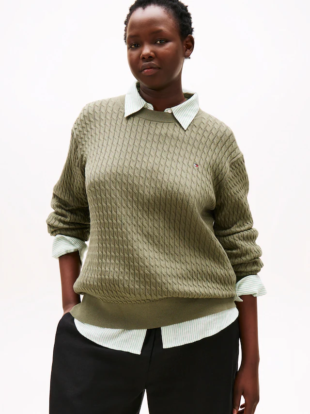 Tommy Hilfiger Curve Strickpullover »CRV CO CABLE FINE GG C-NK LS SWT«, in grossen Grössen, mit Zopfmuster