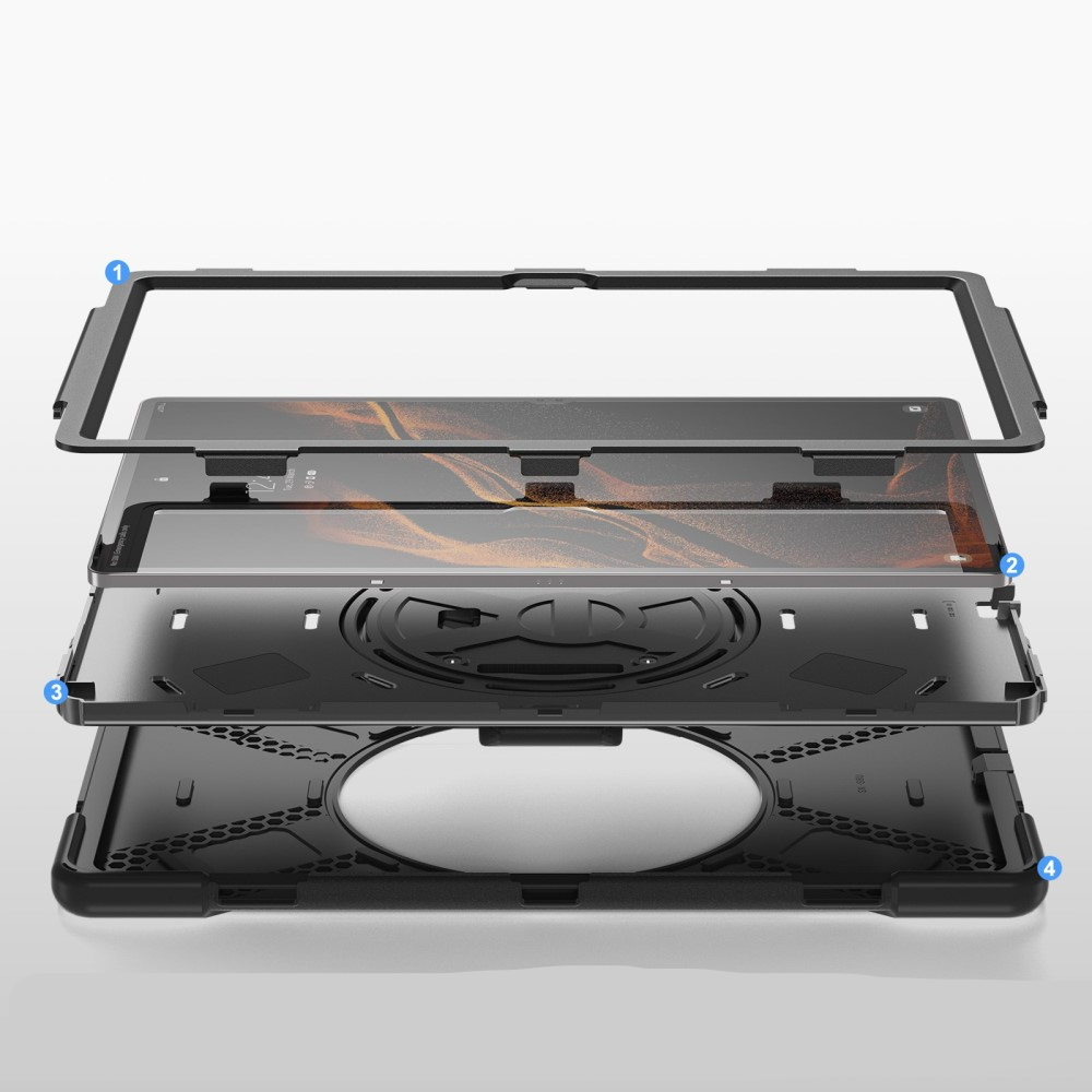Samsung Galaxy Tab S8 Ultra Hybrid Outdoor Silikon Case Hülle mit Aufsteller und Handschlaufe und Schultergurt - Schwarz