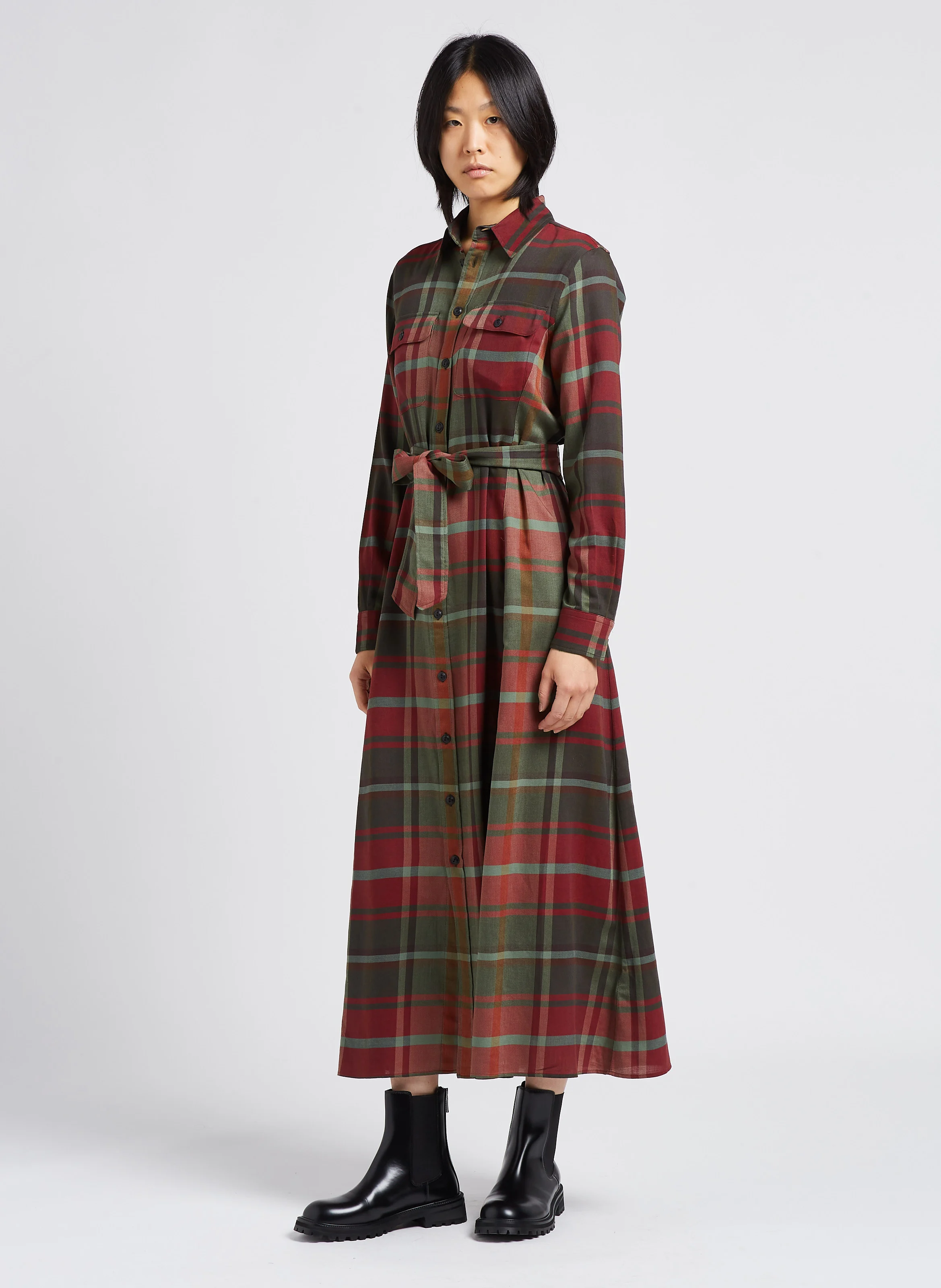 Robe longue col classique à carreaux en coton mélangé| Kaki