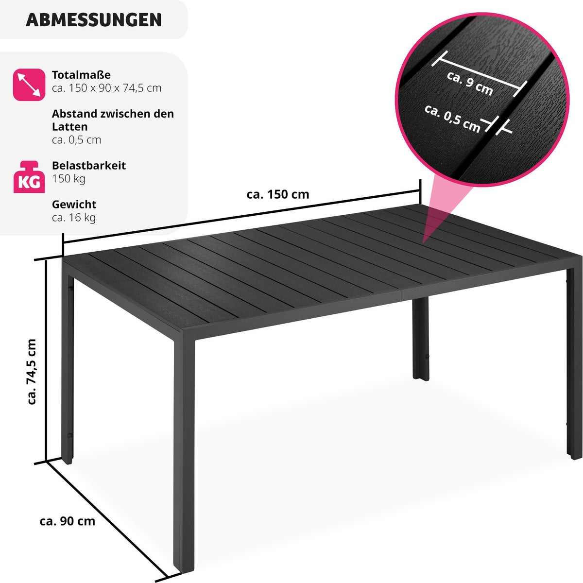 tectake Bianca tuintafel van aluminium en kunststof, 150 x 90 x 74,5 cm