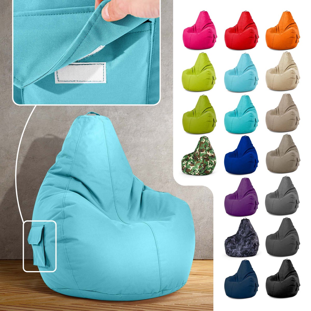 Green Bean Zitzak met rugleuning 80x70x90cm - Gaming stoel met 230L vulling, comfortabel, zacht, wasbaar - Zitzak vloerkussen, loungestoel, voetenbank, relaxstoel, gamerstoel, turquoise