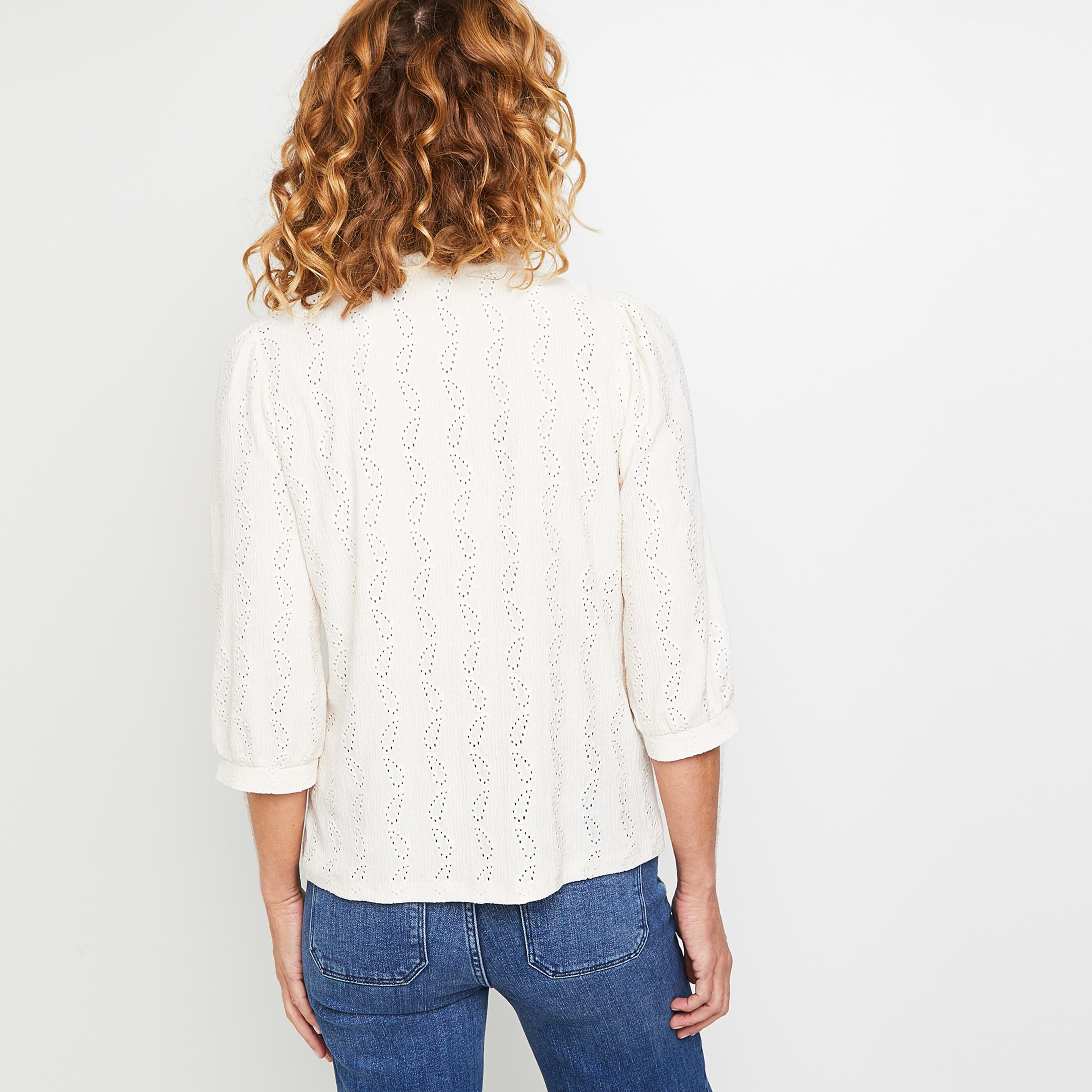 T-shirt ajouré col tunisien femme - ECRU