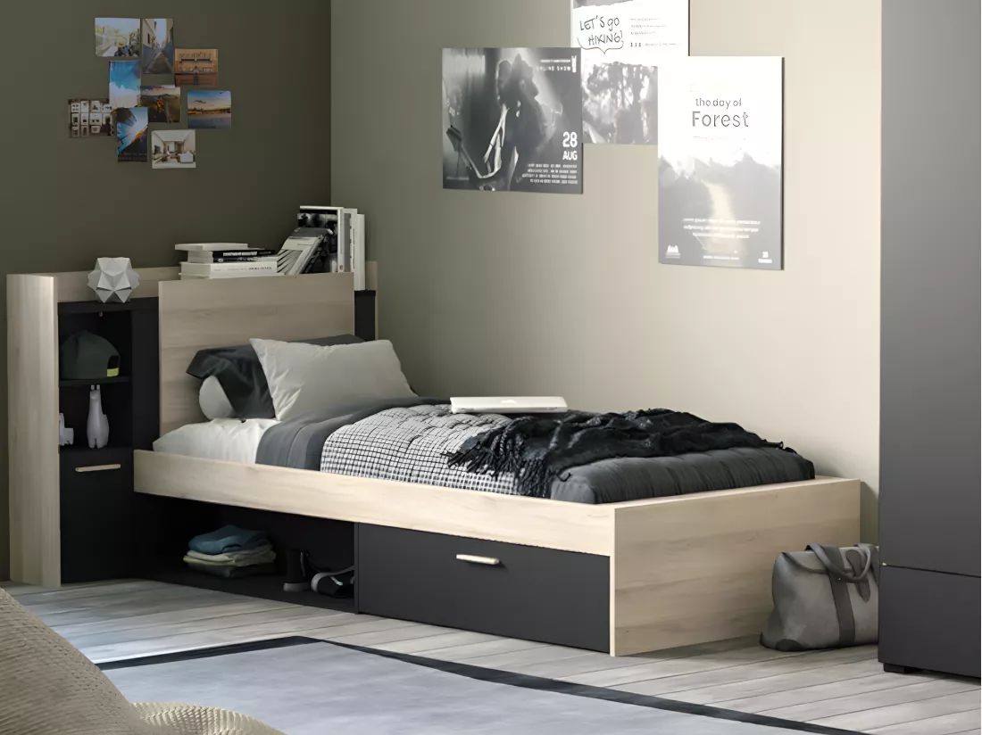 Lit modulable 90 x 190/200 cm avec rangements - Noir et naturel + Sommier + Matelas - MARTELO