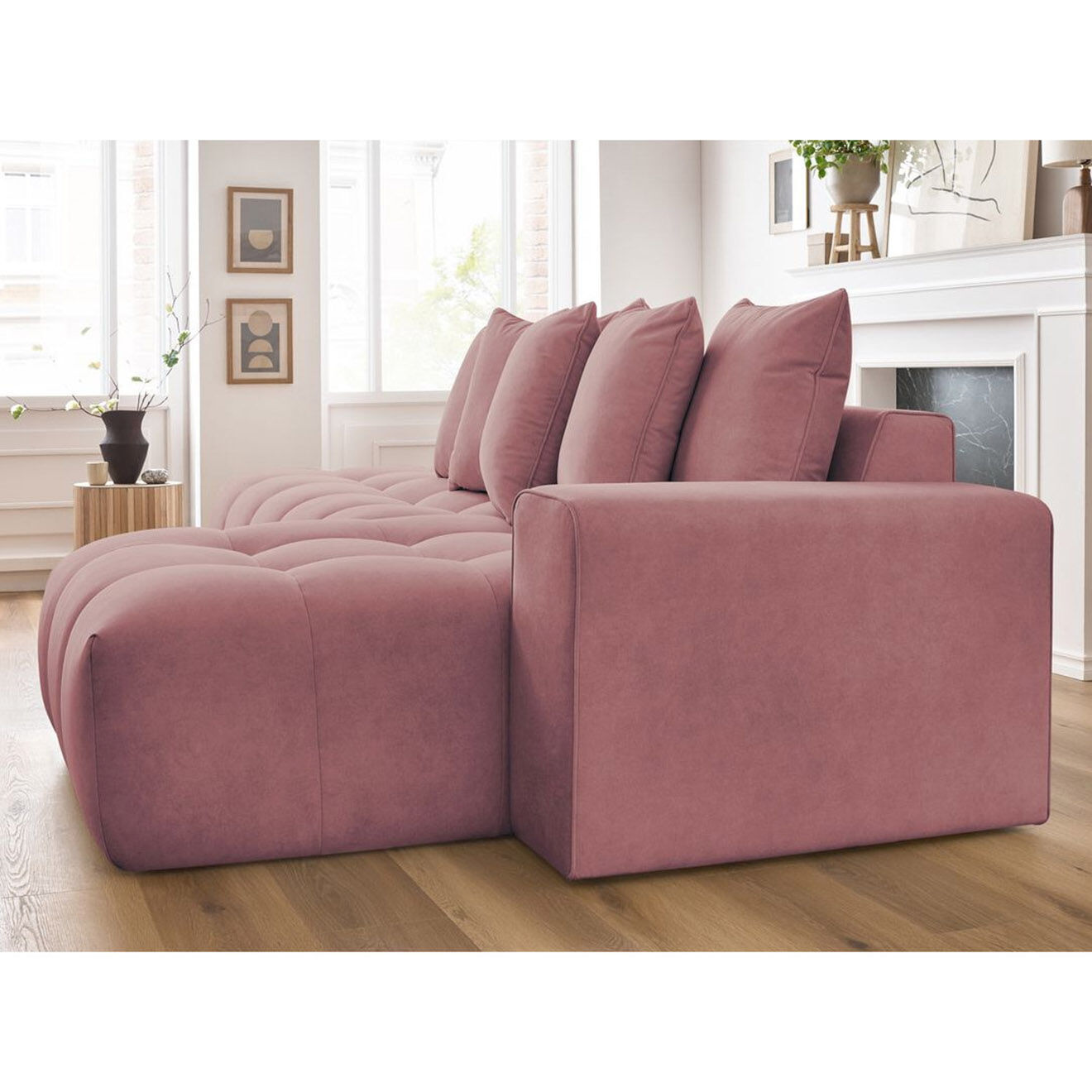 Bobochic Canapé d'angle fixe mont-blanc velours angle droit rose - 313x176x97 cm