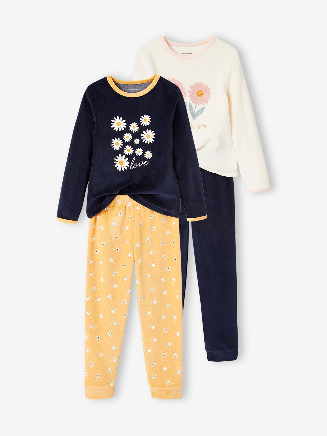 Conjunto de 2 pijamas de veludo com margaridas para meninas, cor ocre.