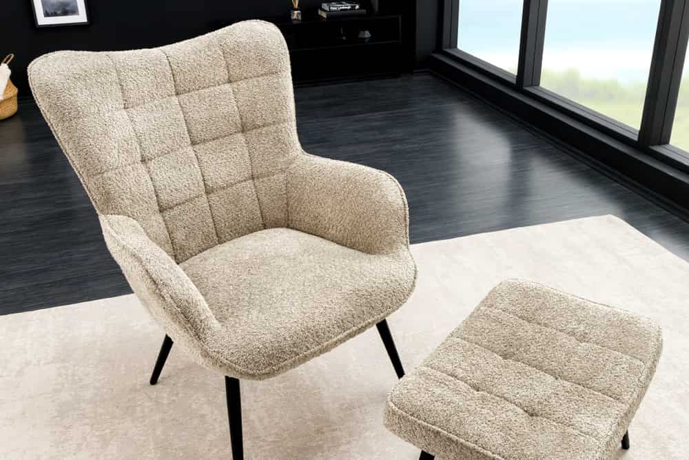 Moderner Sessel SCANDINAVIA champagner greige Bouclé mit Armlehnen