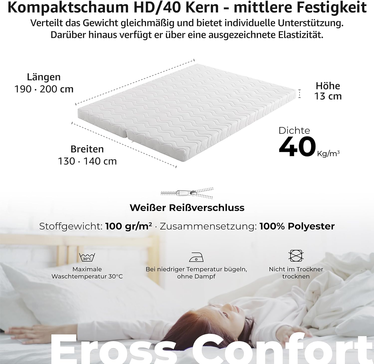 Matratze für Schlafsofa mit Klick-Klack-System, 140 x 190 cm, abnehmbarer Bezug, waschbar, atmungsaktiv, hypoallergen, Geschenk Plaid für Sofa, Bett, Kern aus HD-Schaumstoff, mittlere