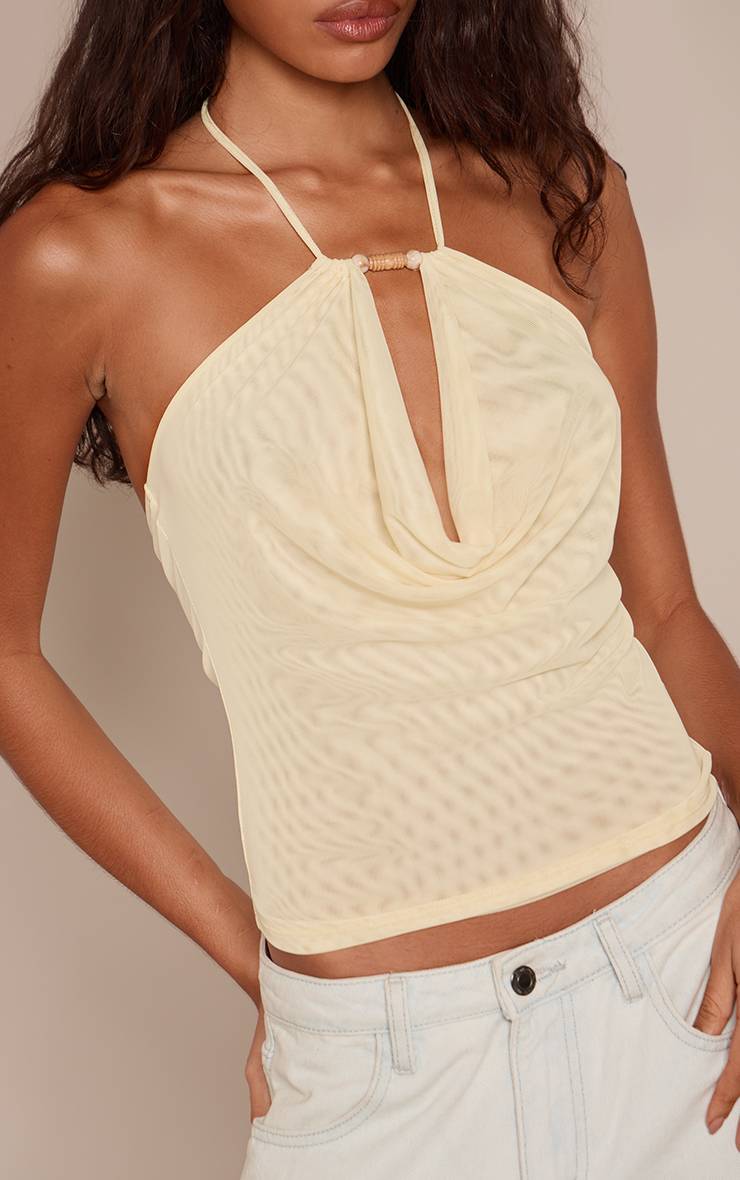 Citron Haut À Encolure Licou En Mesh Avec Bordure De Perles