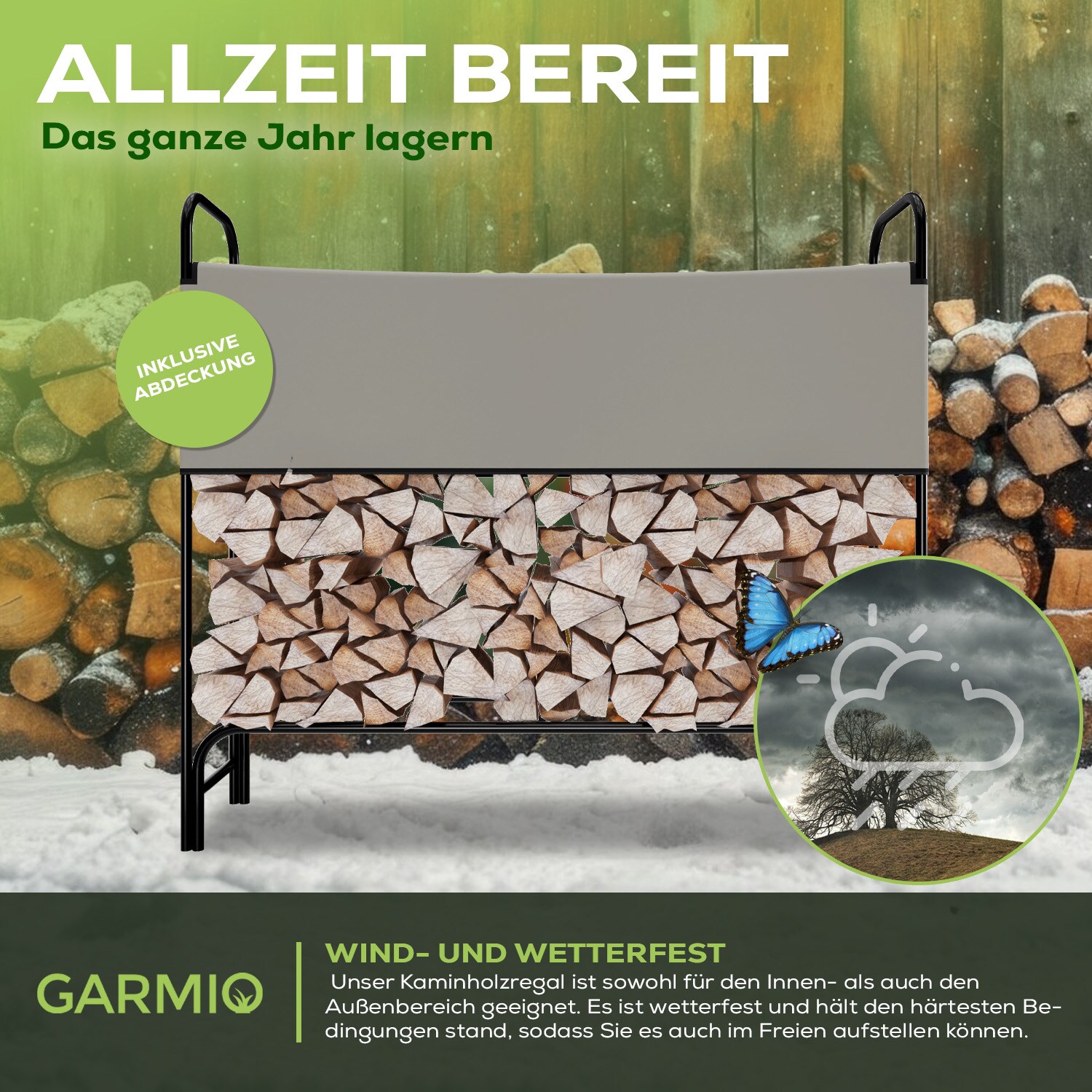 GARMIO® Kaminholzregal Metall Brennholzregal Kaminholzunterstand mit Abdeckung Stapelhilfe pulverbeschichtet 130x30x117cm