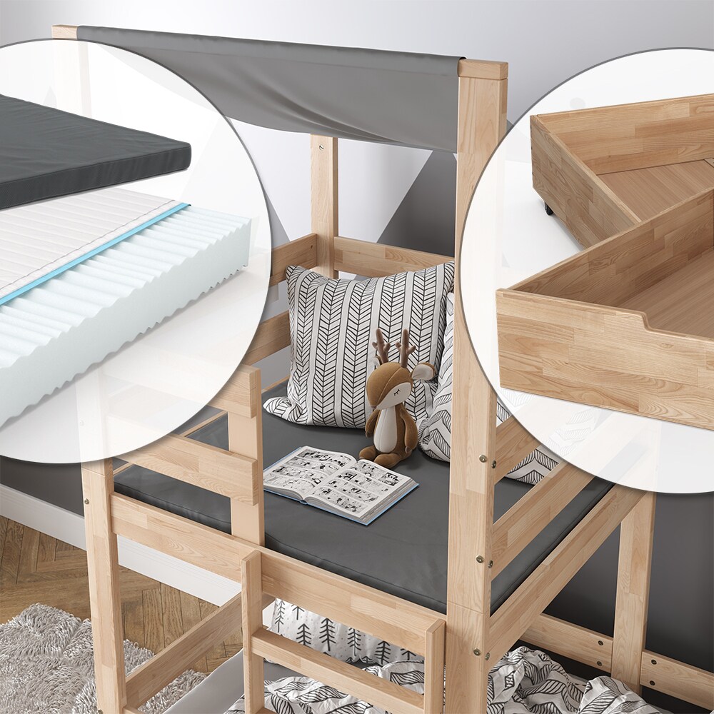 VitaliSpa Spielturmbett Kinderbett Spielbett Tom Natur modern 204x218 cm Massivholz Kinderzimmer Lattenrost Bettleiter Bett Schublade Matratze Abenteuerbett Kletterbett