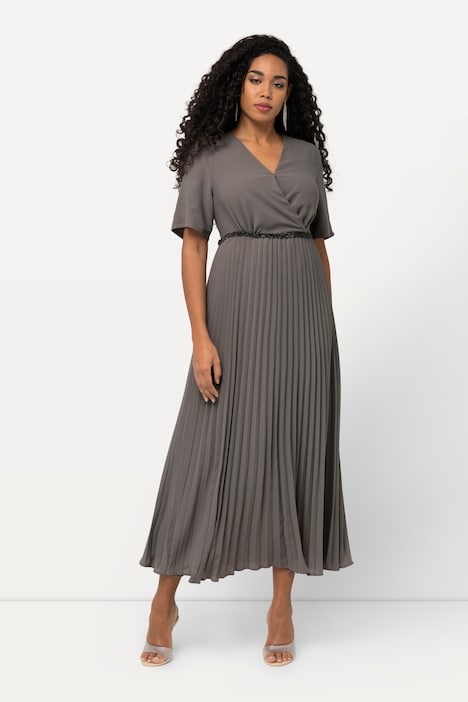 Maxikleid, Plissee, Wickeloptik, V-Ausschnitt, Halbarm