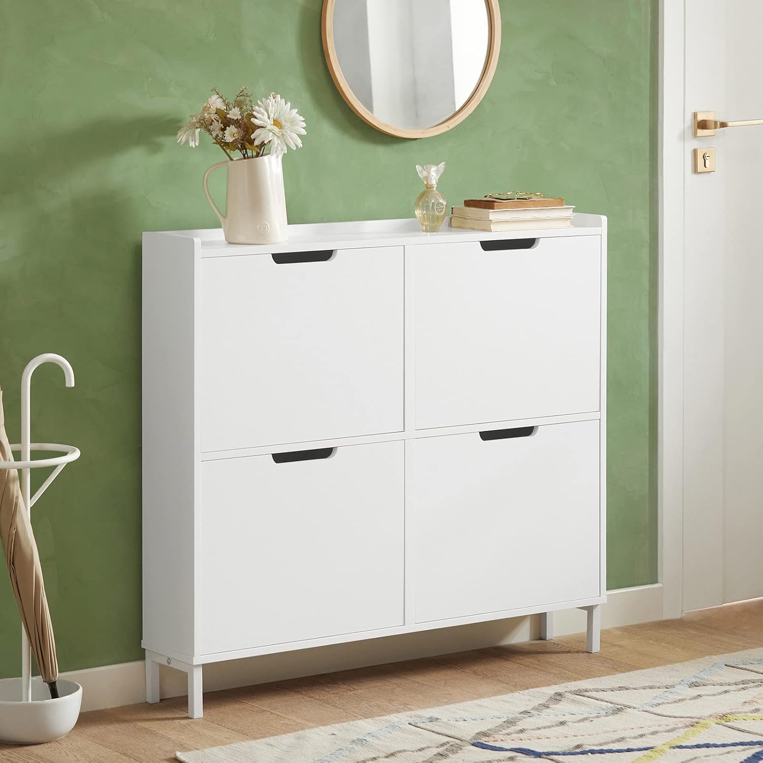 SoBuy Schuhschrank schmal mit 4 Klappen platzsparender Schuhkipper Hoch Kommode mit 4 Ablagen Schuhregal geschlossen Shoe Cabinet Flurschrank für Diele, Flur, Garderobe 100x91x19cm Weiß FSR100-W