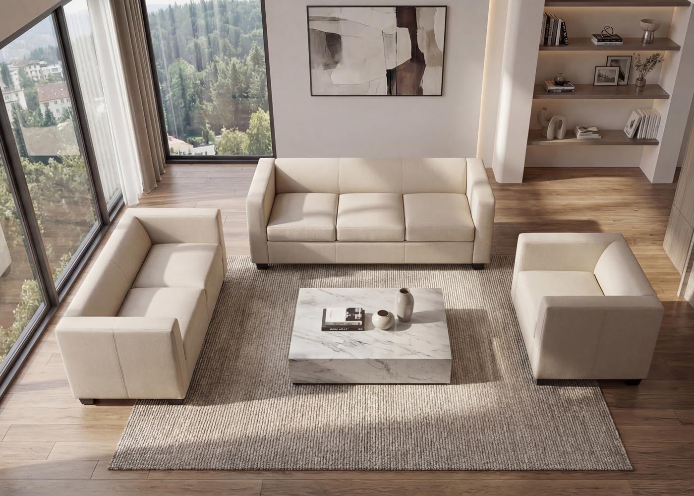 Mendler 3-2-1 Sofagarnitur Couchgarnitur Loungesofa Lille - Leder, Creme