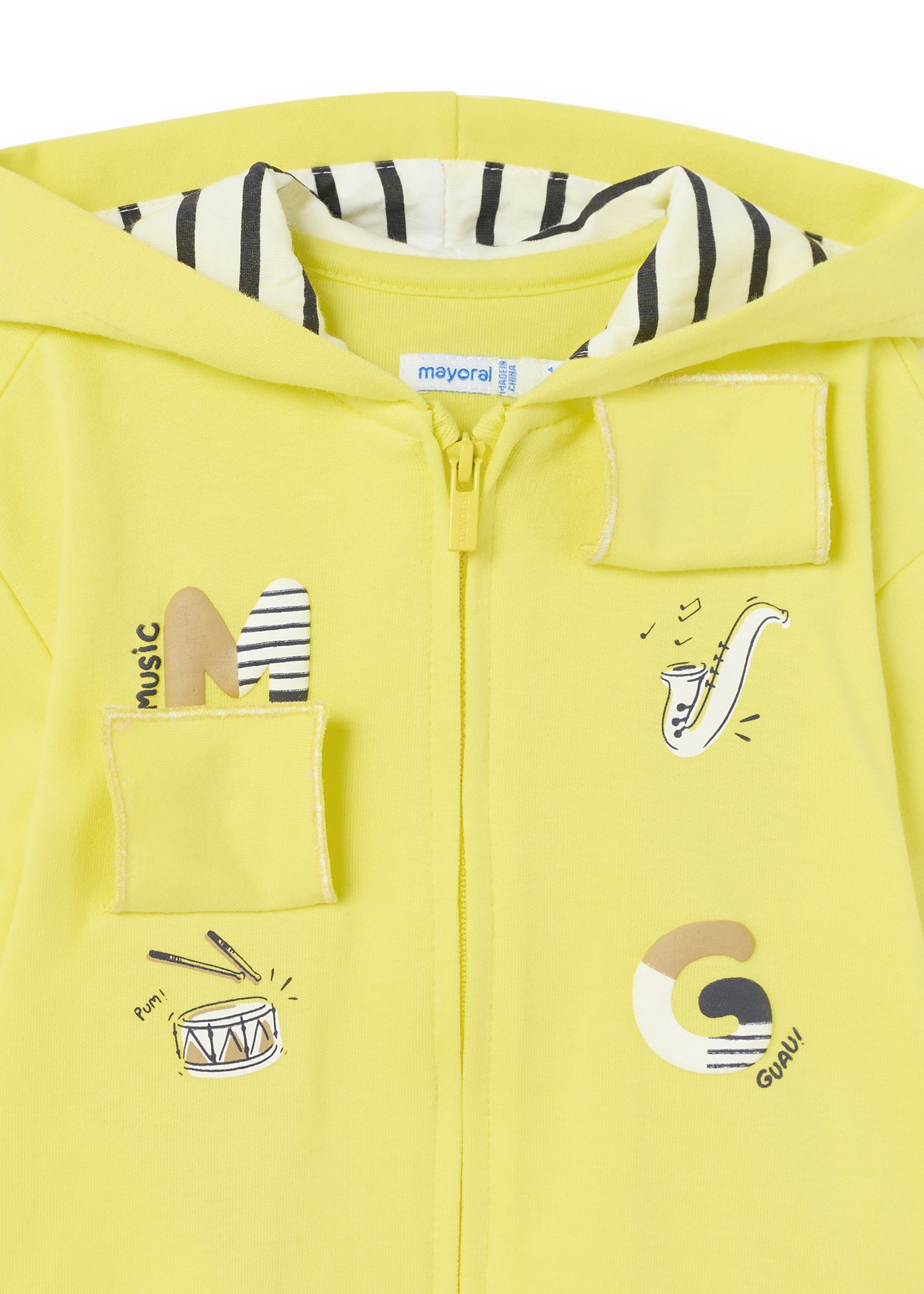 Moletom infantil com capuz e design interativo.