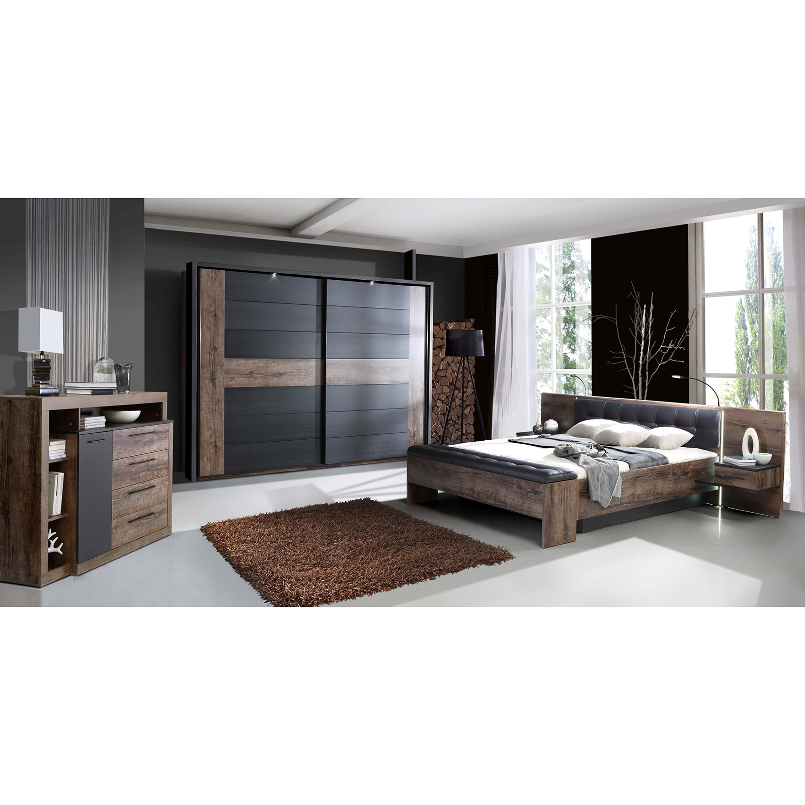 3-teiliges Schlafzimmer-Set - Schlammeiche-Schwarzeiche