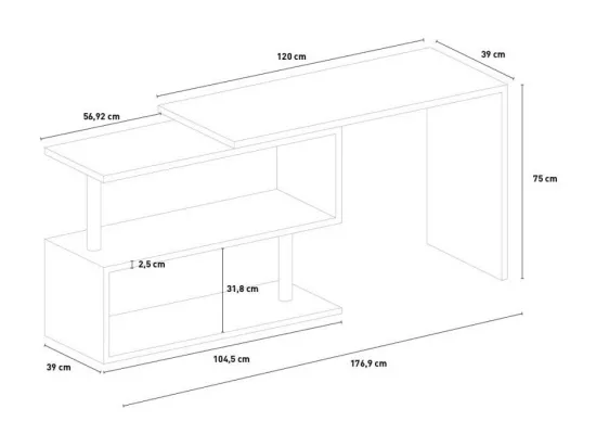 Bureau d'angle 120x50 pivotant 2 étagères multifonctionelle JJOGG