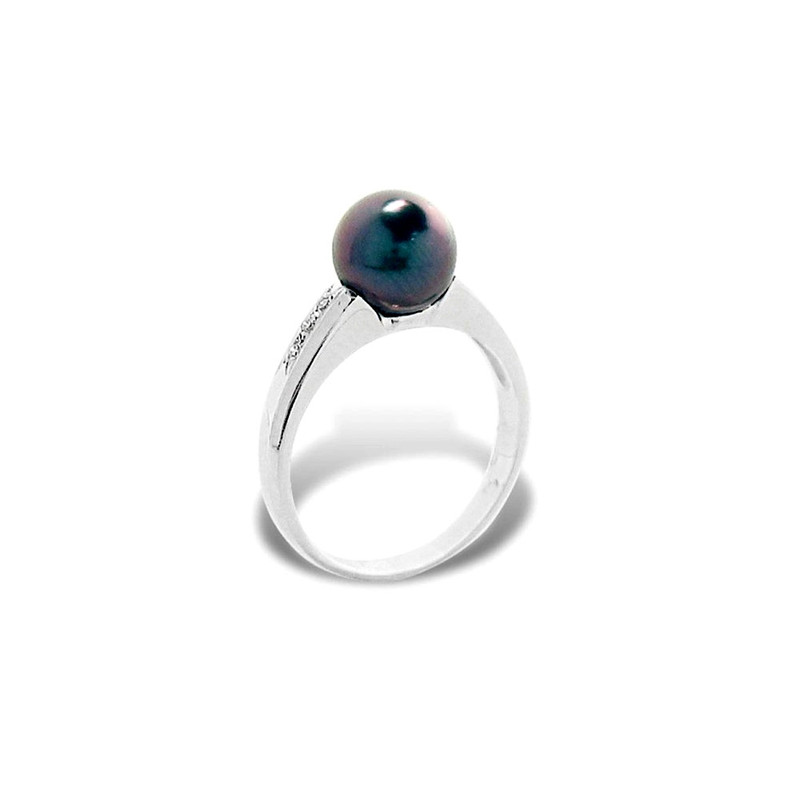 Bague Femme Perle de Tahiti, Diamants 0.06 cts et Or blanc 375/1000
