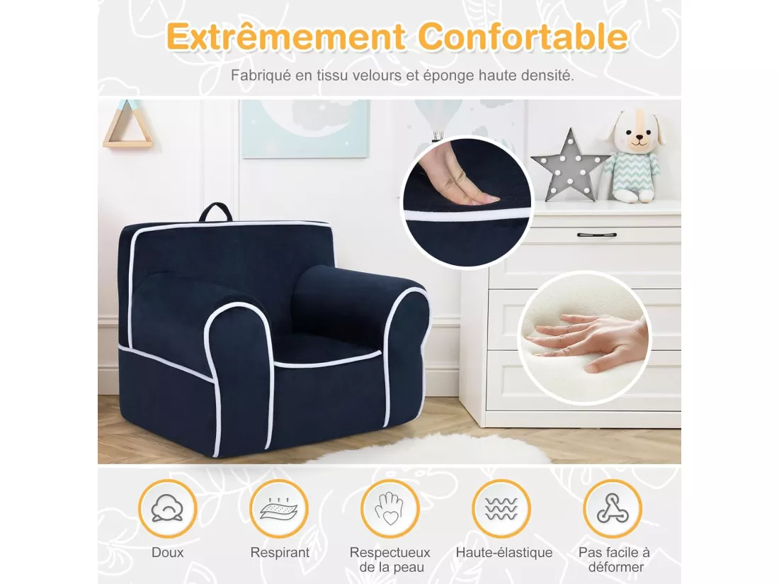 Fauteuil pour Enfant de 0 à 5 Ans, Canapé avec de Tissu en Velours Et Rembourré d’Éponges de Haute Qualité, Chaise pour Salle de Jeux, Chambre, Jardin d'enfants (Bleu Marine)
