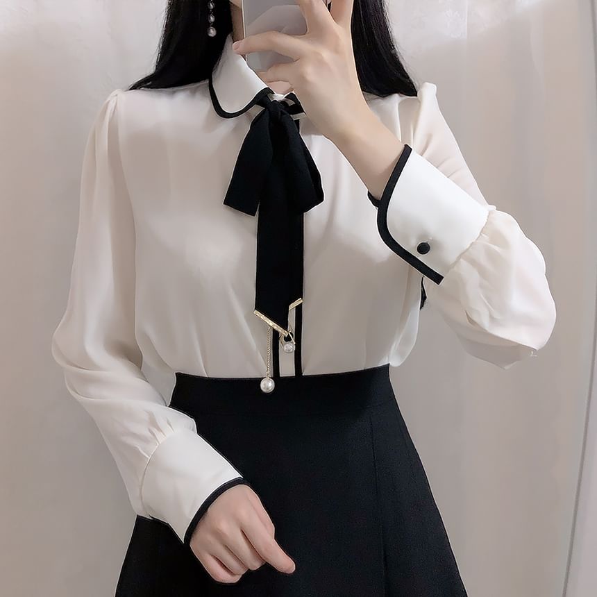 MELLO - Blouse met lange mouwen en strik en contrasterende rand