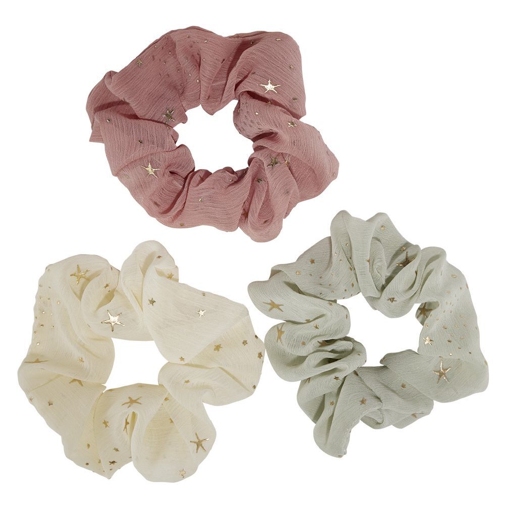 Chouchou beige/vert/rose imprimé étoile doré Ø10cm x3