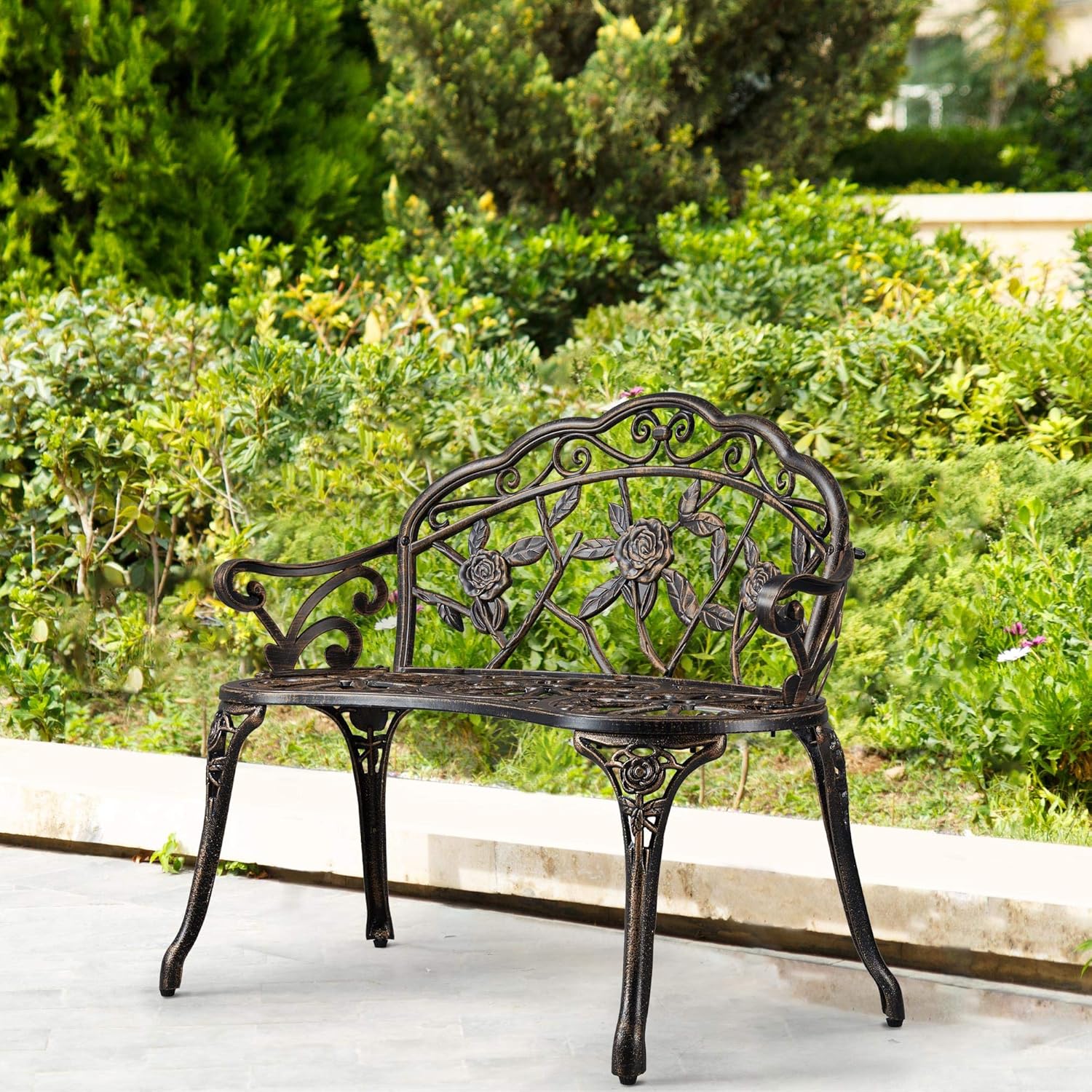 Yaheetech Gartenbank Bronze Parkbank Wetterfester Parkbank Balkonbank mit Rücklehne 2-Sitzer Gartenmöbel für Terrase, Balkon, Garten