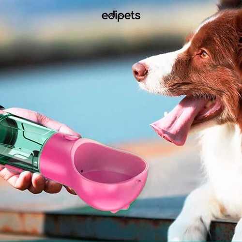 Tigela de água portátil Edipets com dispensador de sacos, rosa, para cães.