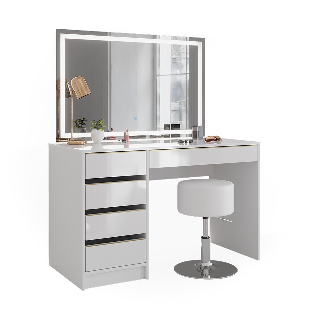 Vicco Schminktisch Sherry Weiß Hochglanz Gold 120 x 75 cm 5 Schubladen LED-Spiegel Hocker