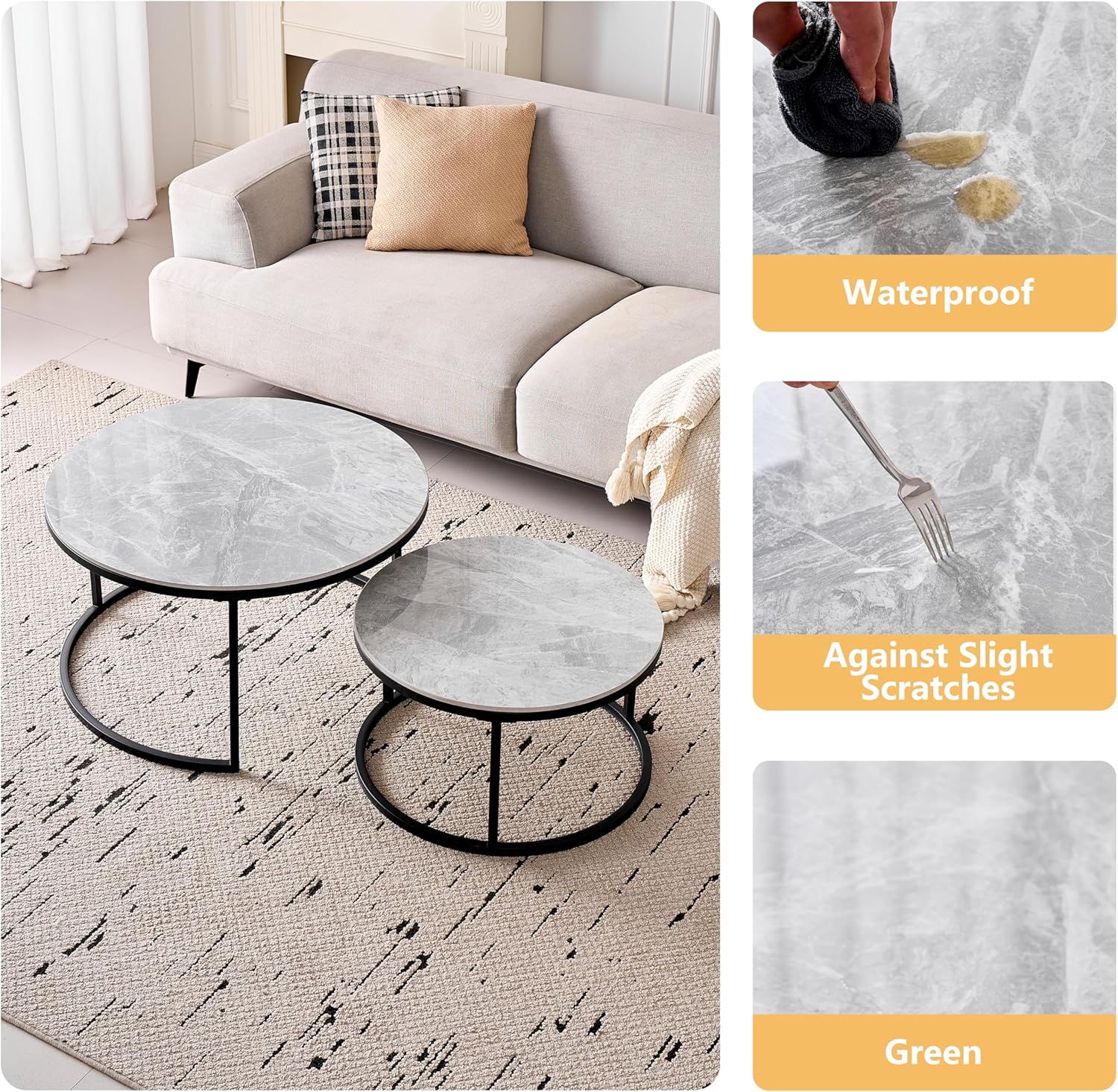2er-Set Marmor-Couchtische mit Grauer Marmorplatte und Schwarzem Metallgestell, Moderner Runder Beistelltisch fürs Wohnzimmer – 80 x 80 x 45 cm