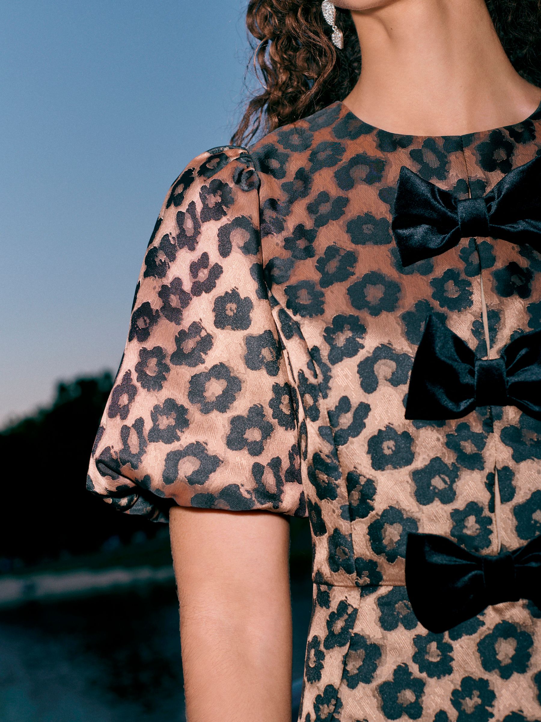 Luipaardprint - Pofmouw fluwelen strik Mini Jurk