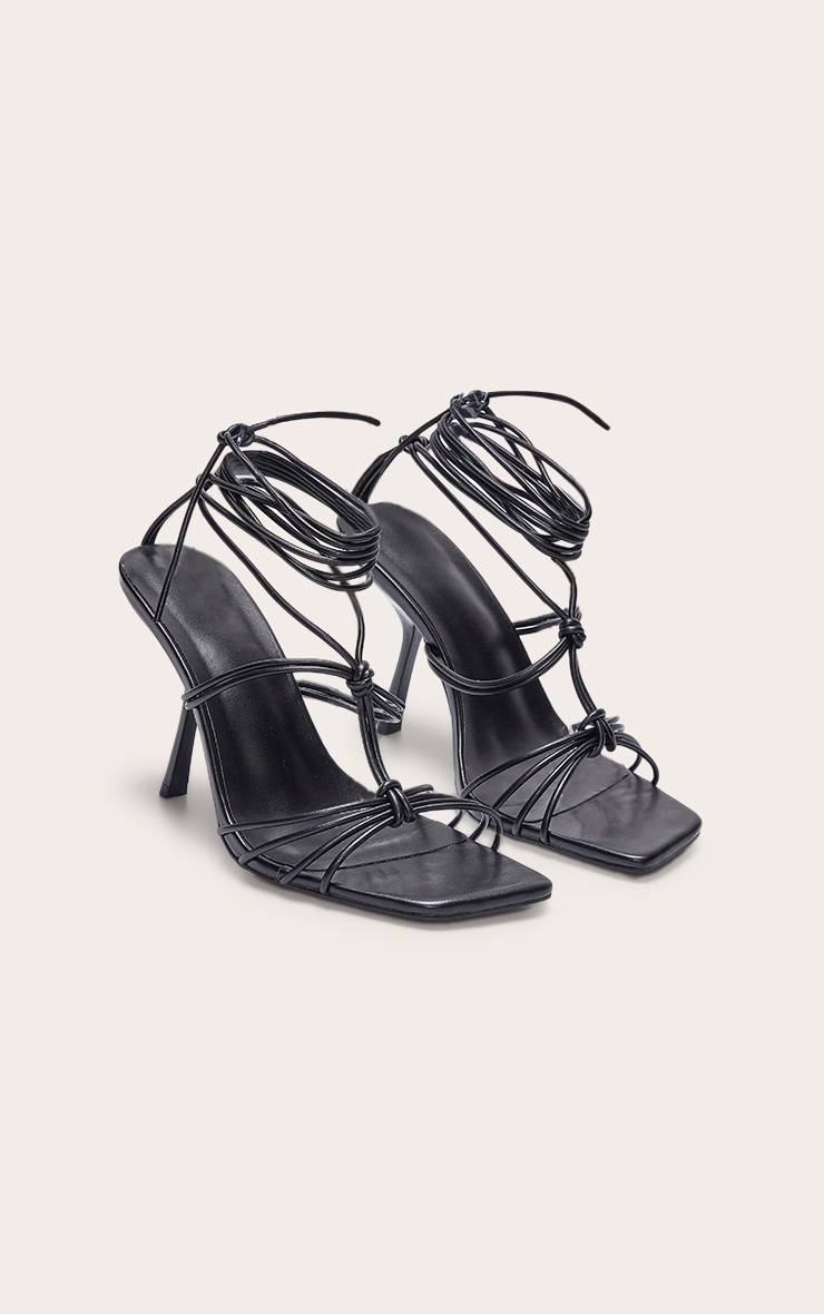 Noir Sandales À Talons À Lacets Nouées À Bout Carré En Synthétiquecuir Coupe Large