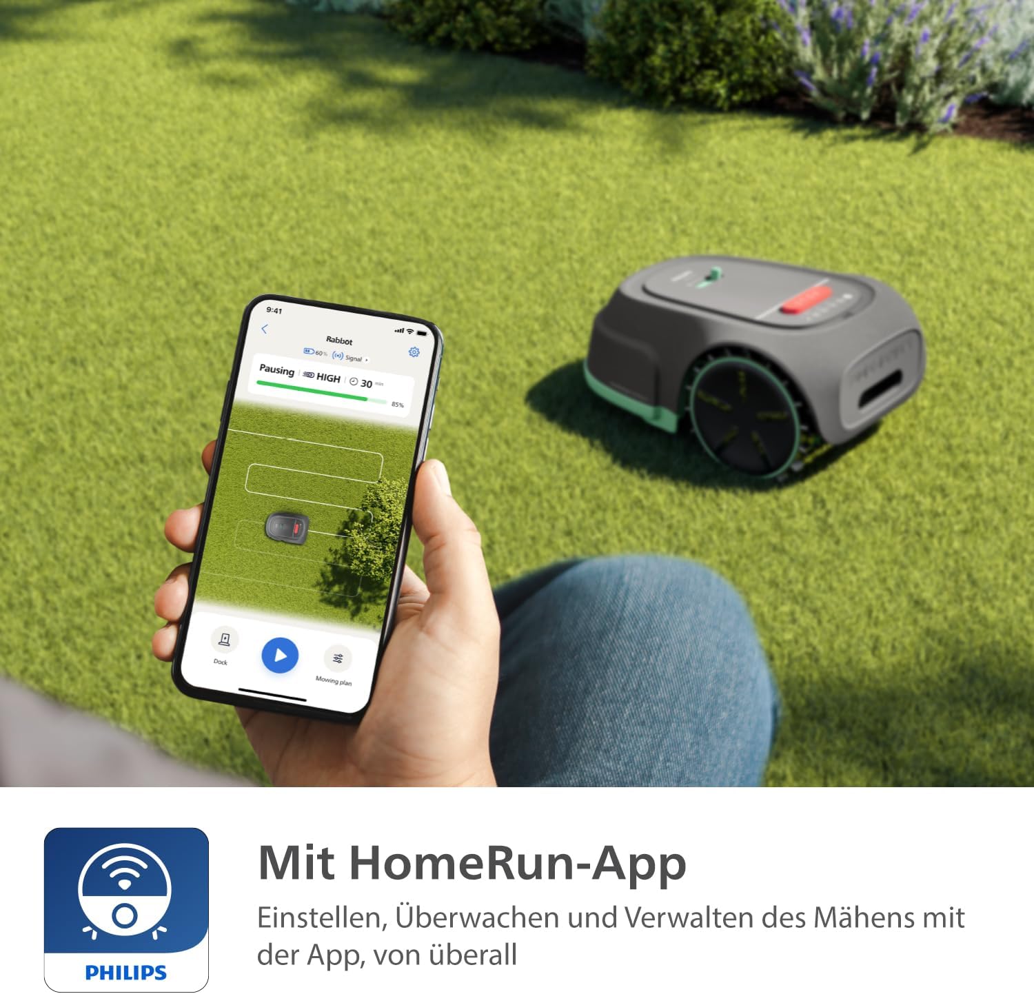 Philips Rasenmähroboter 3000 Serie - Cross-Mowing, GPS-Kartierung, Intelligentes Mähen, schnelleres Mähen, Hangtauglichkeit, Homerun-App, Regensensor-Technologie, Kalkstein Grau (RSL3000/10)