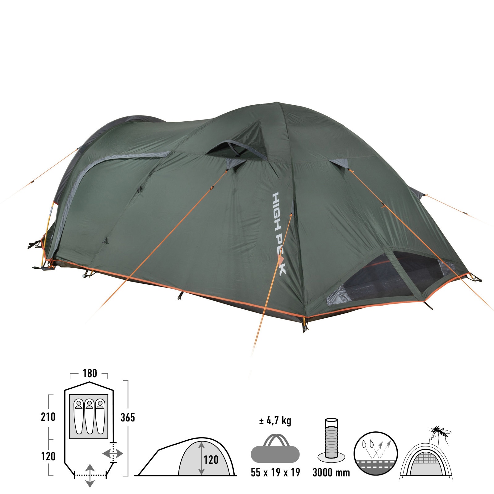 HIGH PEAK Kuppelzelt Kira 3 4 Personen Camping Trekking Zelt Igluzelt Vorraum Größe: Kira 3.1