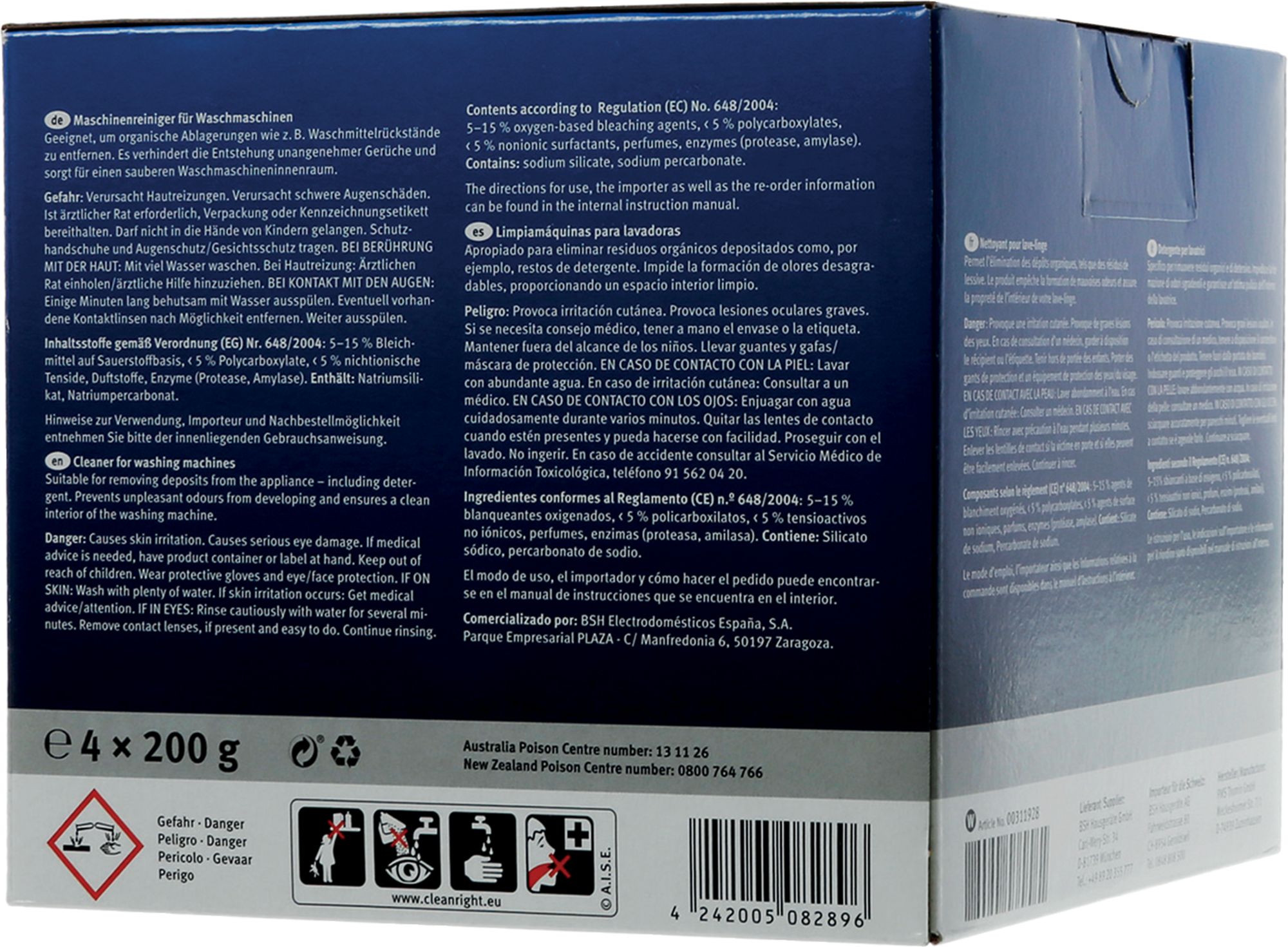 Produto de limpeza. Pacote com 4 unidades de pó para limpeza de máquina de lavar roupa. 00311928
