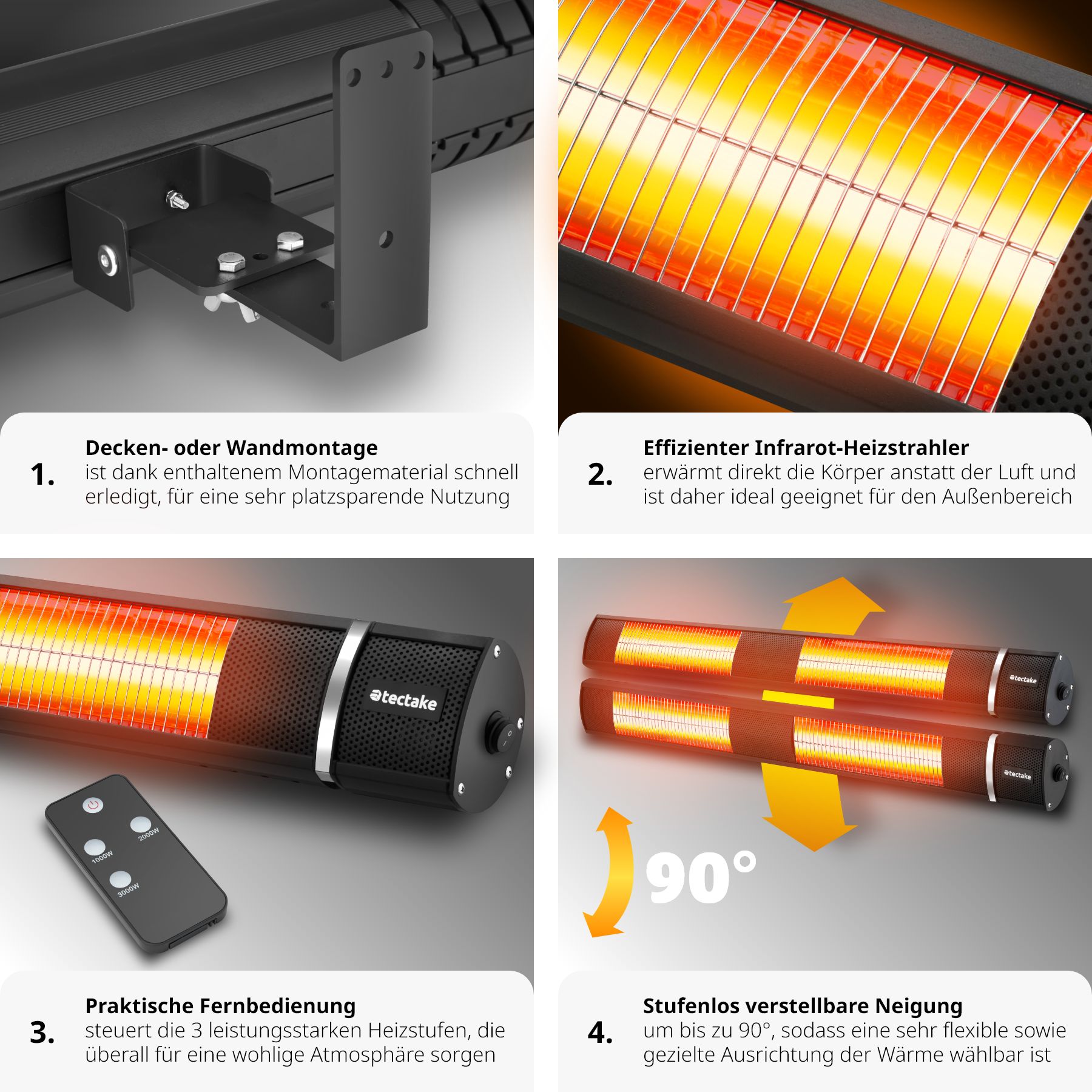 tectake® Infrarotheizstrahler , 3 Leistungsstufen, 1000, 2000 und 3000 W, Aluminiumgehäuse, neigbar, einfache Montage, 95 x 11 x 10,5 cm