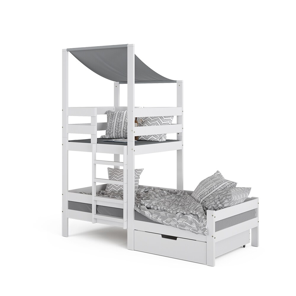 VitaliSpa Spielturmbett Kinderbett Spielbett Tom Weiß modern 204x218 cm Massivholz Kinderzimmer Lattenrost Bettleiter Matratze Abenteuerbett Kletterbett