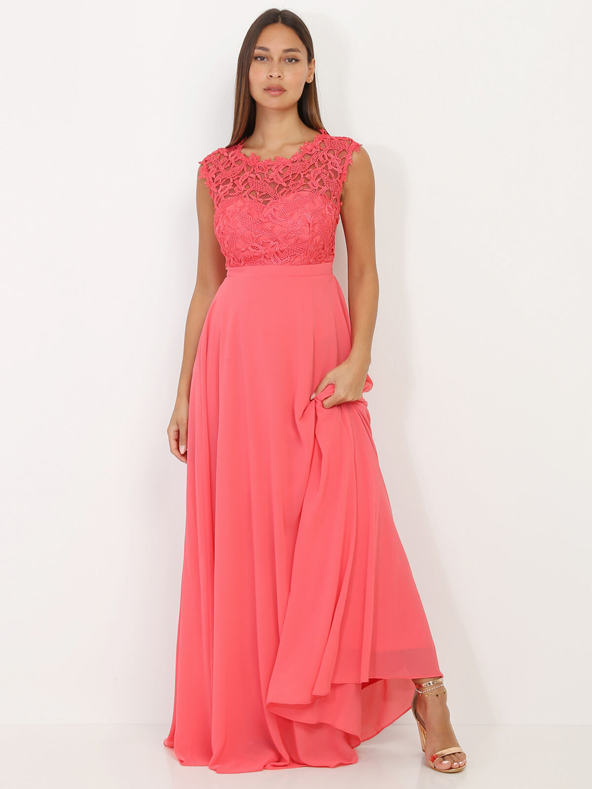 Robe longue à dentelle grandes tailles- Corail