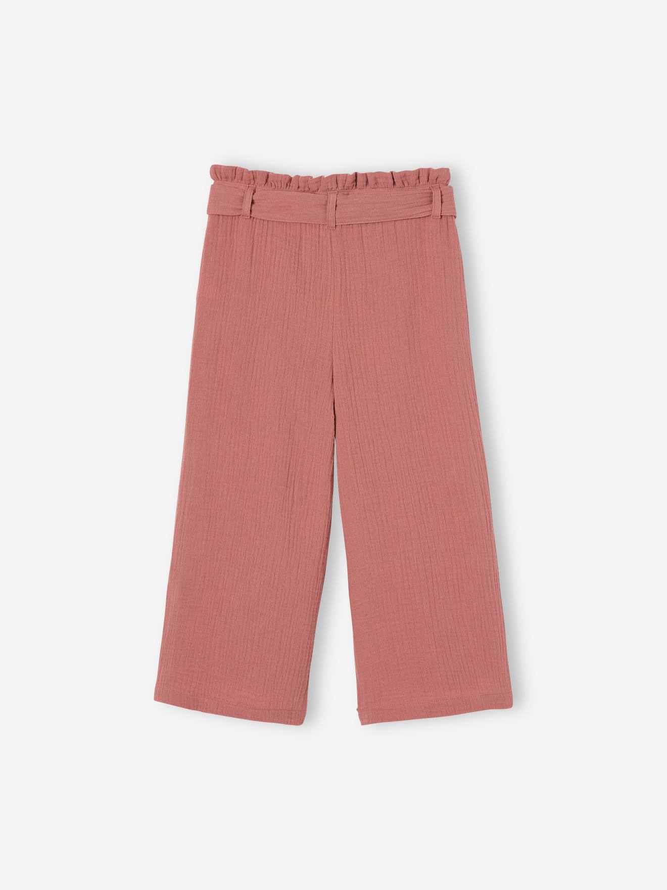 Calça cropped de chiffon de algodão estilo paperbag, com pernas largas, para meninas, na cor rosa antigo.